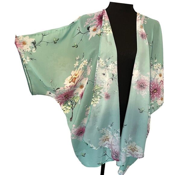 DAVi & DANI Floral Kimono Green Semi Sheer Open Front Oversized - Picture 1 of 8